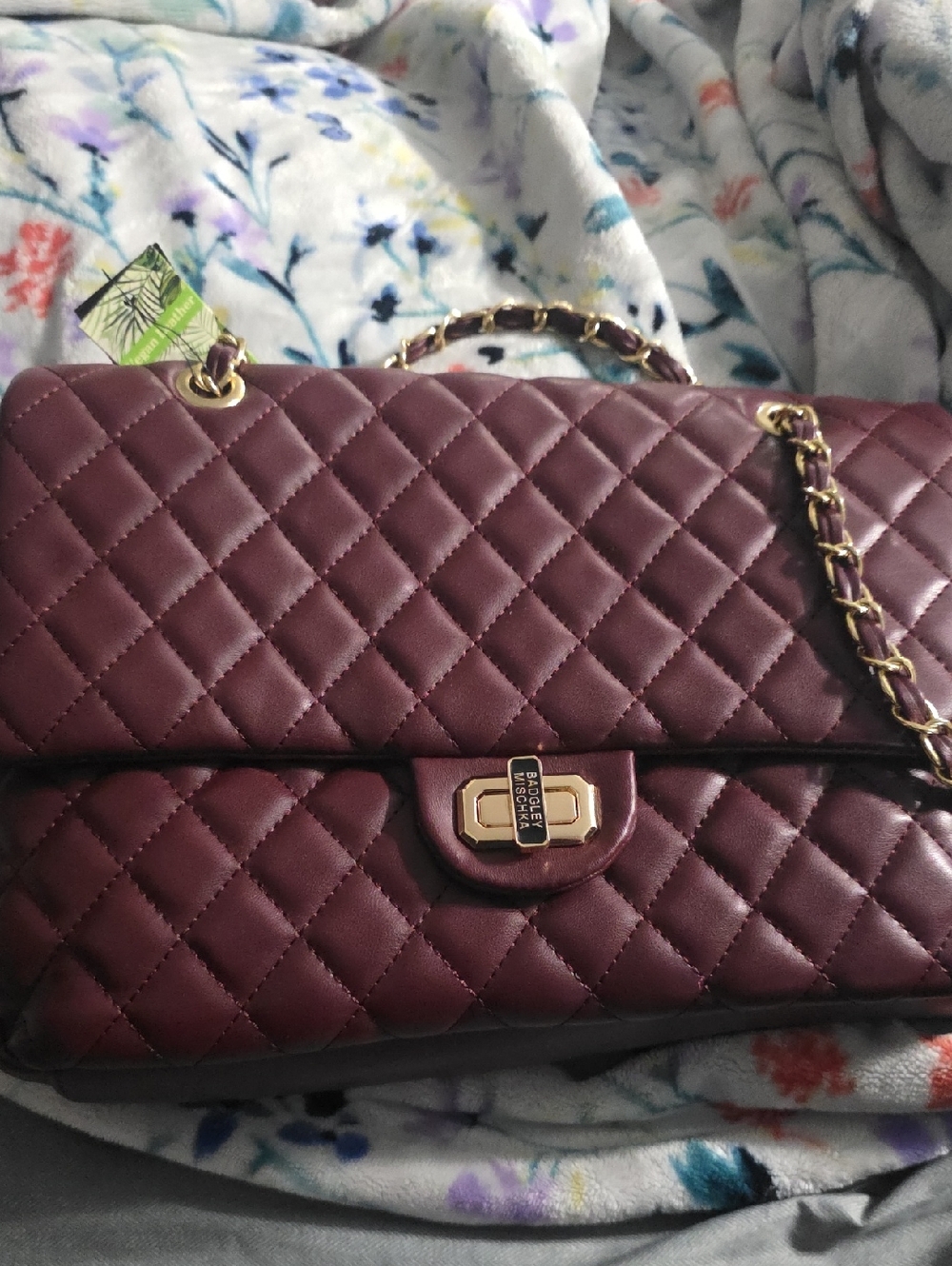 Badgley Mischka Quilted Shoulder Bag in Burgundy with Gold Hardware